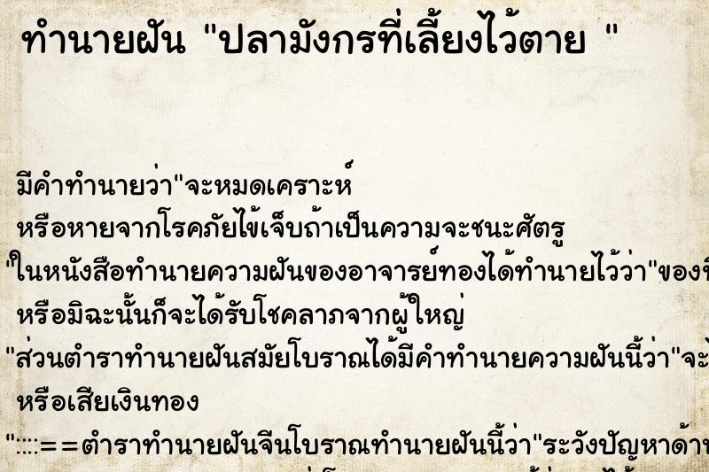 ทำนายฝันทำนายฝันปลามังกรที่เลี้ยงไว้ตาย